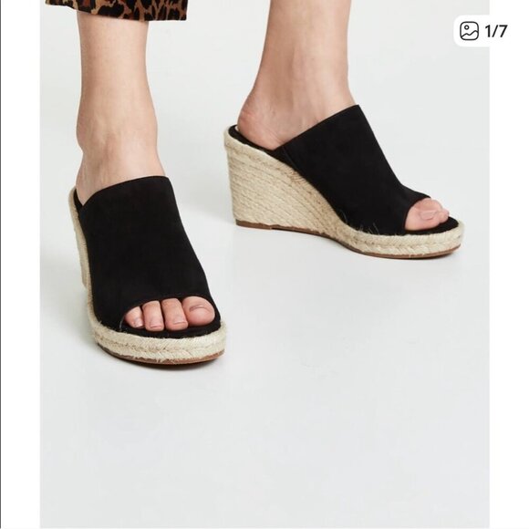 EUC Stuart Weitzman Black Suede Wedge Slide Sandals Size 7